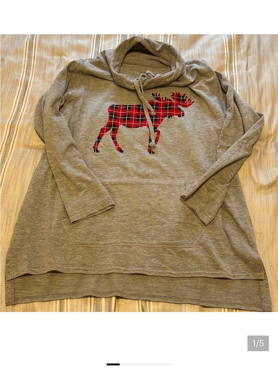 Tops - GRAY w/RED & BLACK PLAID MOOSE COWL NECK SWEATSHIRT Women’s 1X
